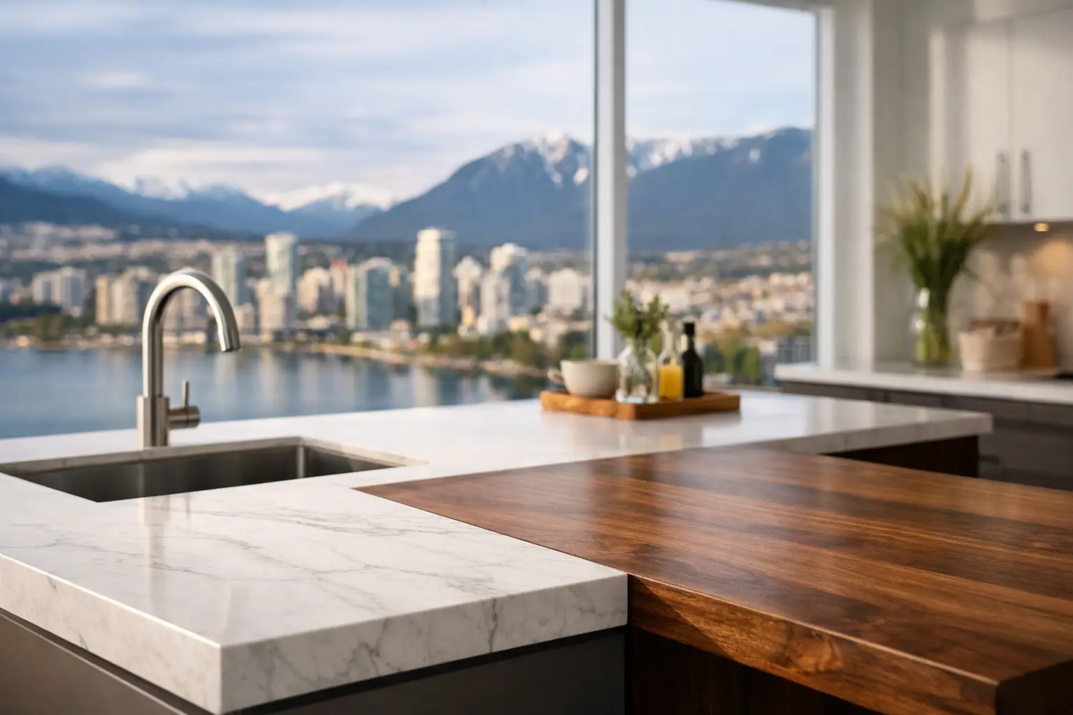 Modern kitchen countertops and cabinetry with mountain and city view, Cambria quartz and wood accents.