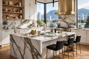 printed quartz countertops white Calacatta waterfall island kitchen Surrey Vancouver